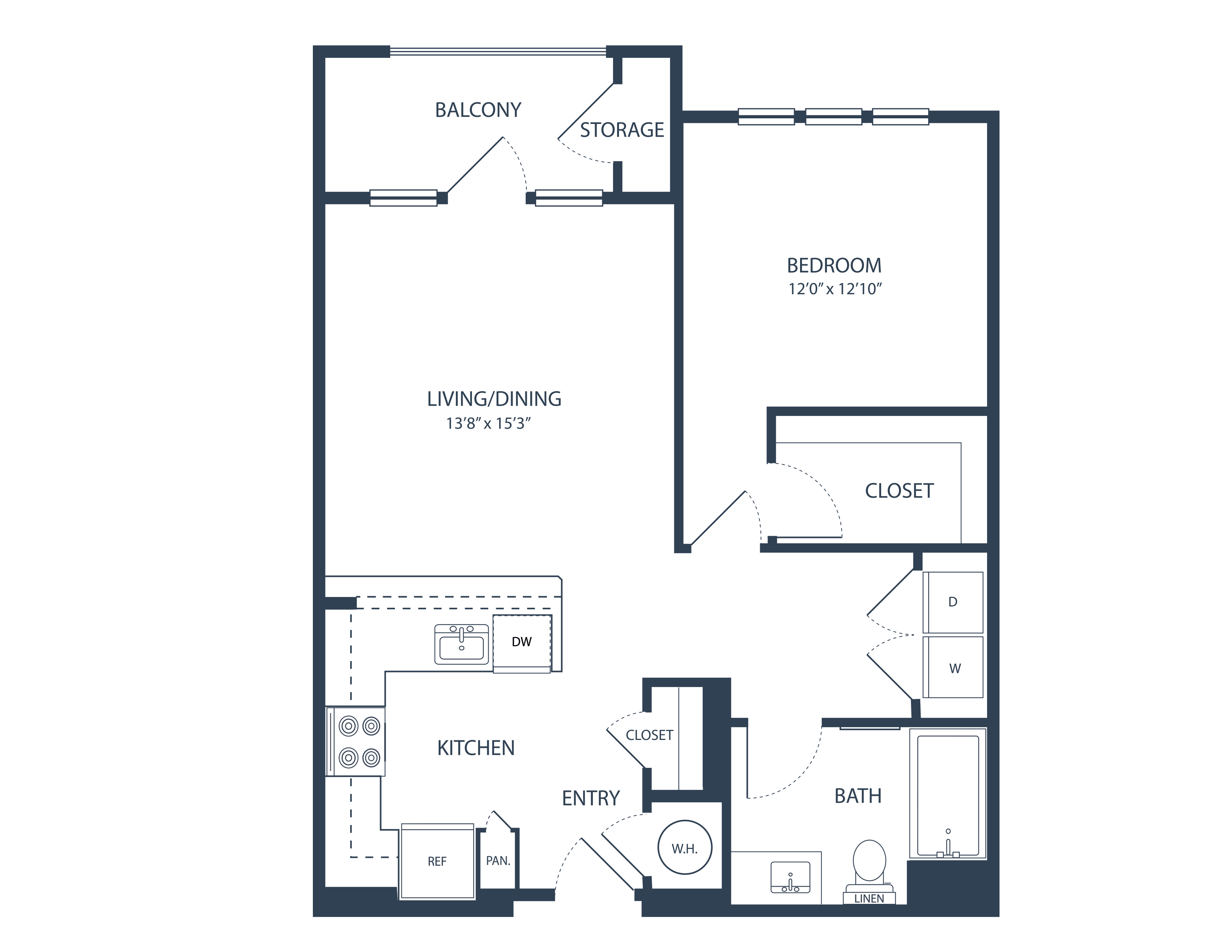 Floor plan for 1 bed, 1 bath, 732 sqft