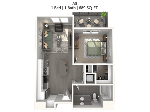 Floor plan for 1 bed, 1 bath, 684 sqft