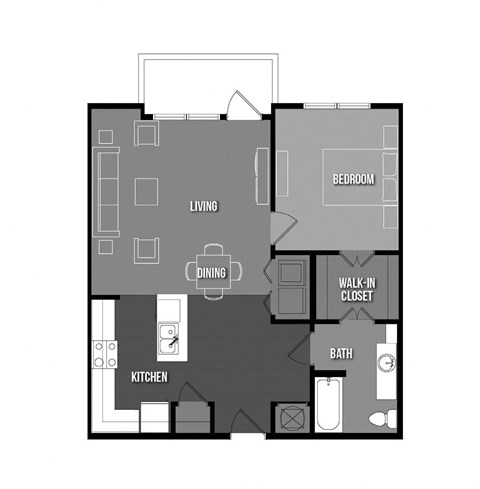 Floor plan for 1 bed, 1 bath, 834 sqft