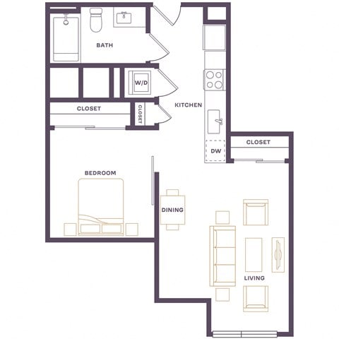Floor plan for 1 bed, 1 bath, 532 sqft