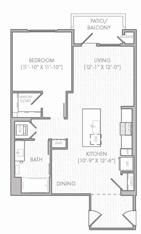 Floor plan for 1 bed, 1 bath, 785 sqft