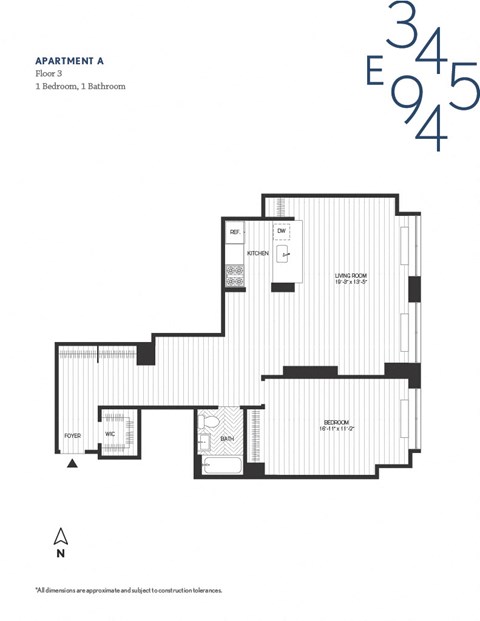Floor plan for 1 bed, 2 baths, 994 sqft