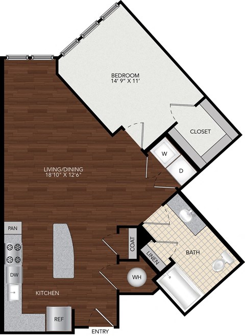 Floor plan for 1 bed, 1 bath, 814 sqft