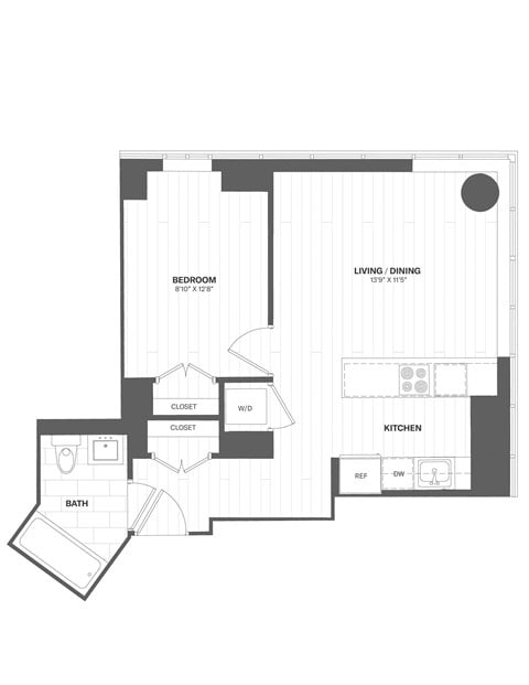 Floor plan for 1 bed, 1 bath, 595 sqft