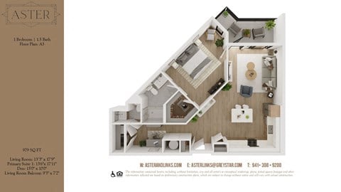 Floor plan for 1 bed, 1.5 baths, 979 sqft