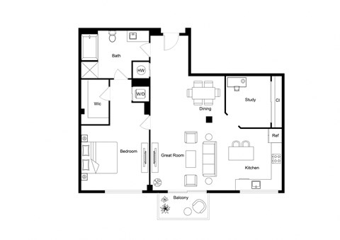 Floor plan for 1 bed, 1 bath, 1100 sqft