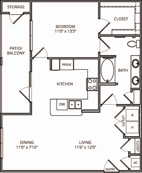 Floor plan for 1 bed, 1 bath, 820 sqft