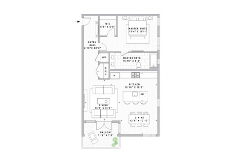 Floor plan for 1 bed, 1 bath, 900 sqft