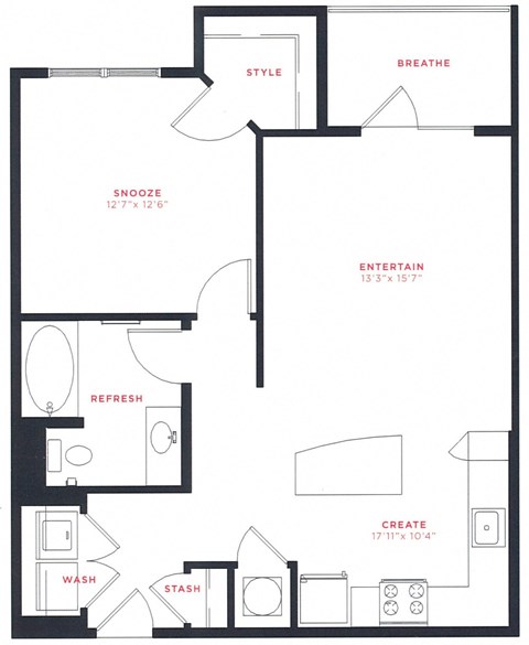 Floor plan for 1 bed, 1 bath, 764 sqft