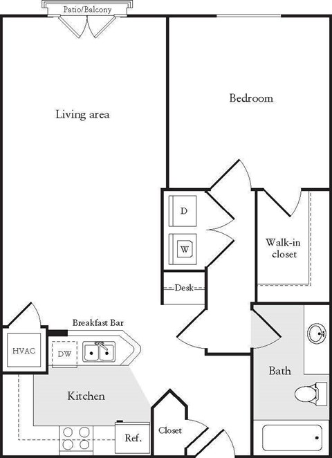 Floor plan for 1 bed, 1 bath, 752 sqft