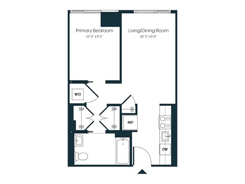 Floor plan for 1 bed, 1 bath, 533 sqft