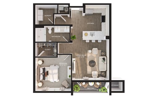 Floor plan for 1 bed, 1 bath, 777 sqft