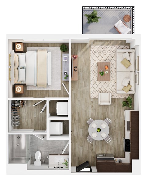Floor plan for 1 bed, 1 bath, 648 sqft