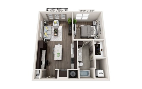 Floor plan for 1 bed, 1 bath, 745 sqft