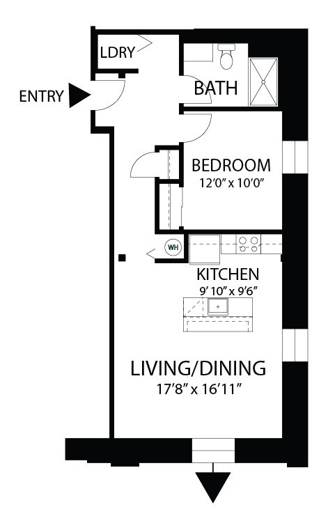 Floor plan for 1 bed, 1 bath, 705 sqft