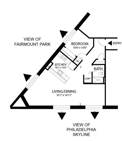Floor plan for 1 bed, 1 bath, 905 sqft