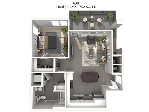 Floor plan for 1 bed, 1 bath, 752 sqft
