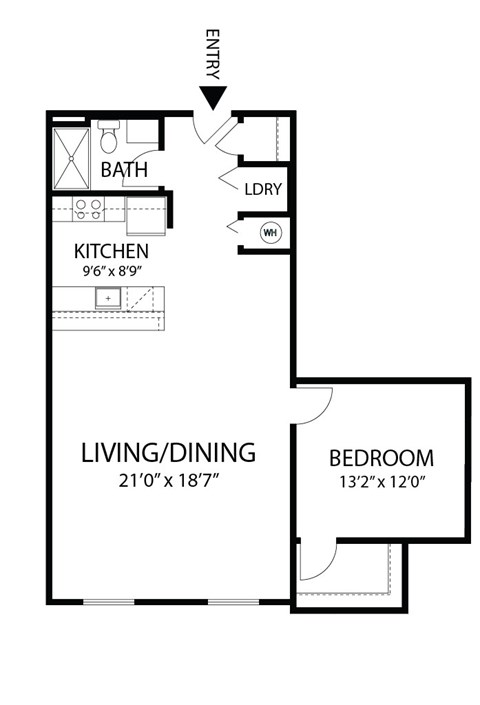 Floor plan for 1 bed, 1 bath, 910 sqft