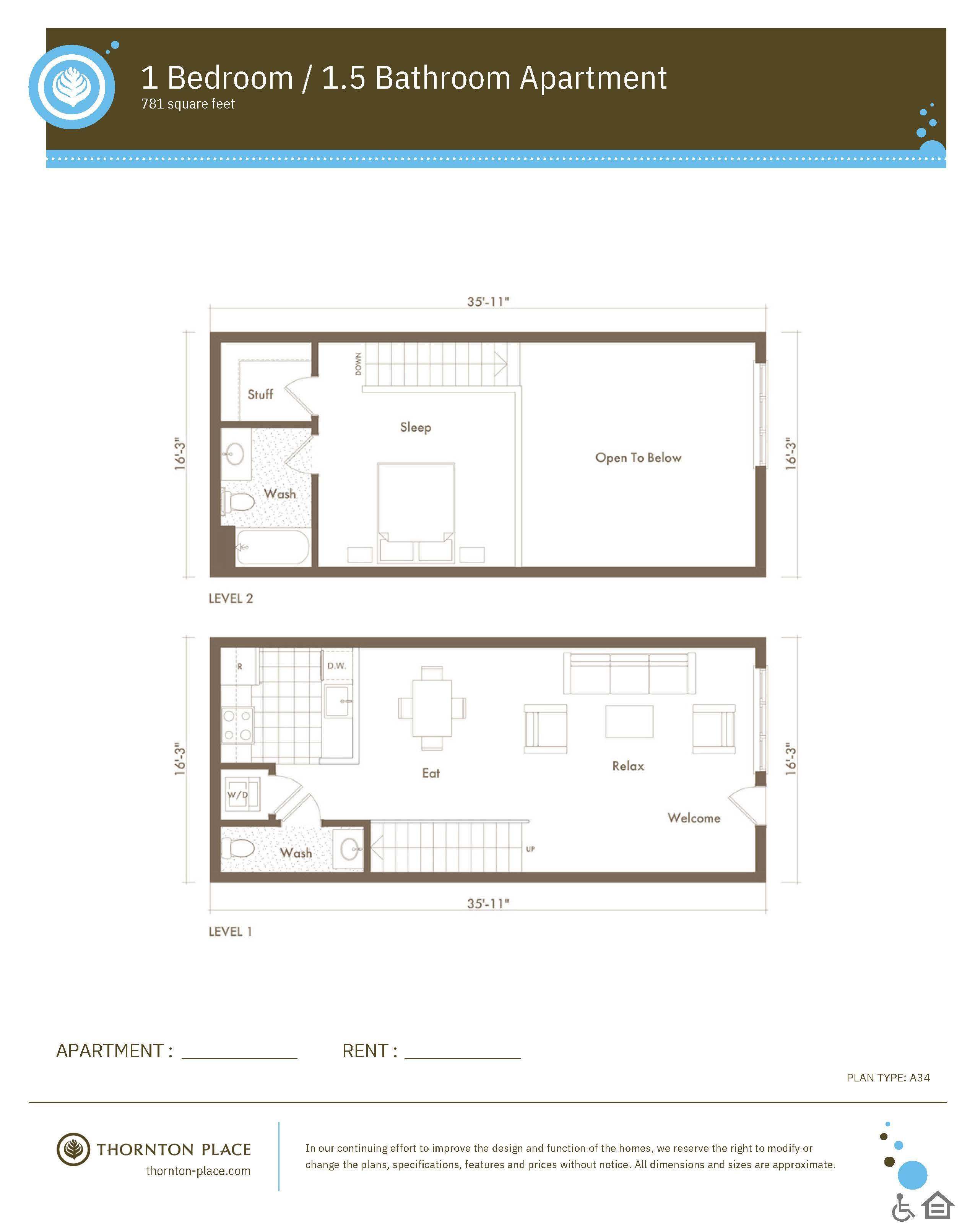 Floor plan for 1 bed, 1.5 baths, 763 sqft
