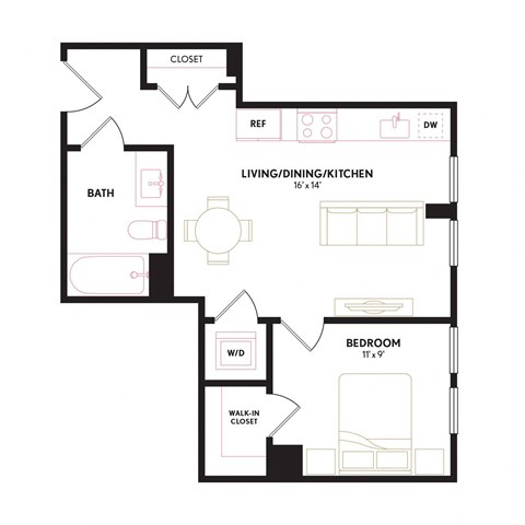 Floor plan for 1 bed, 1 bath, 547 sqft