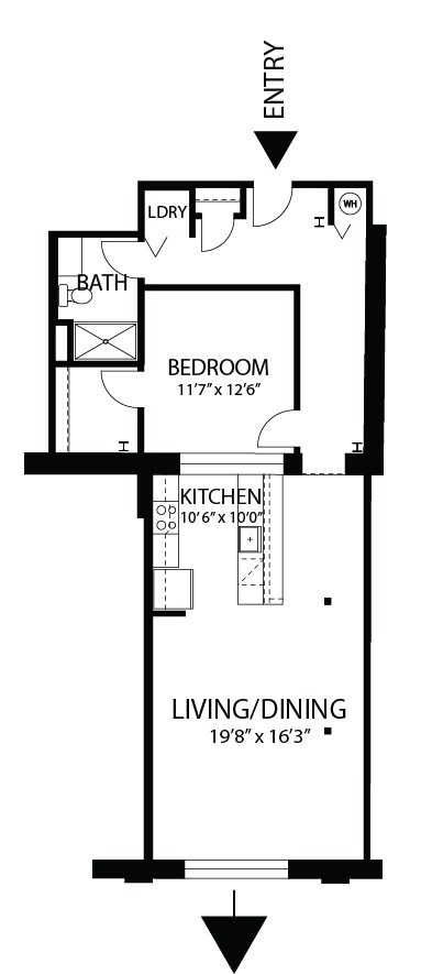 Floor plan for 1 bed, 1 bath, 943 sqft