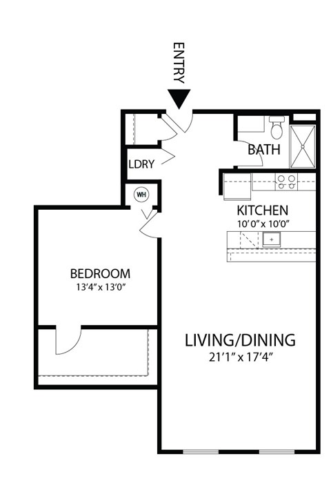 Floor plan for 1 bed, 1 bath, 970 sqft