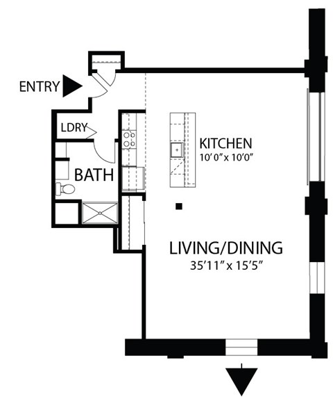 Floor plan for 1 bed, 1 bath, 1045 sqft