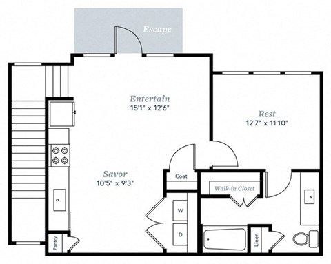 Floor plan for 1 bed, 1 bath, 757 sqft