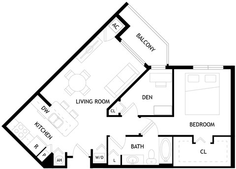 Floor plan for 1 bed, 1 bath, 826 sqft