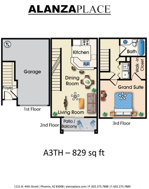 Floor plan for 1 bed, 1 bath, 829 sqft