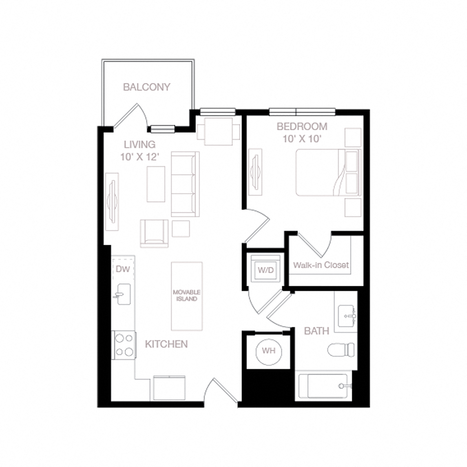 Floor plan for 1 bed, 1 bath, 615 sqft