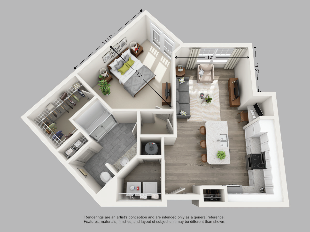 Floor plan for 1 bed, 1 bath, 796 sqft