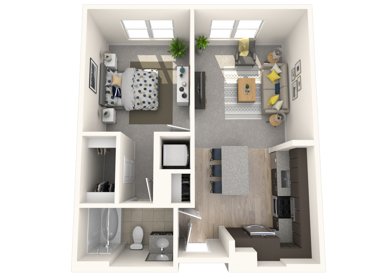 Floor plan for 1 bed, 1 bath, 651 sqft