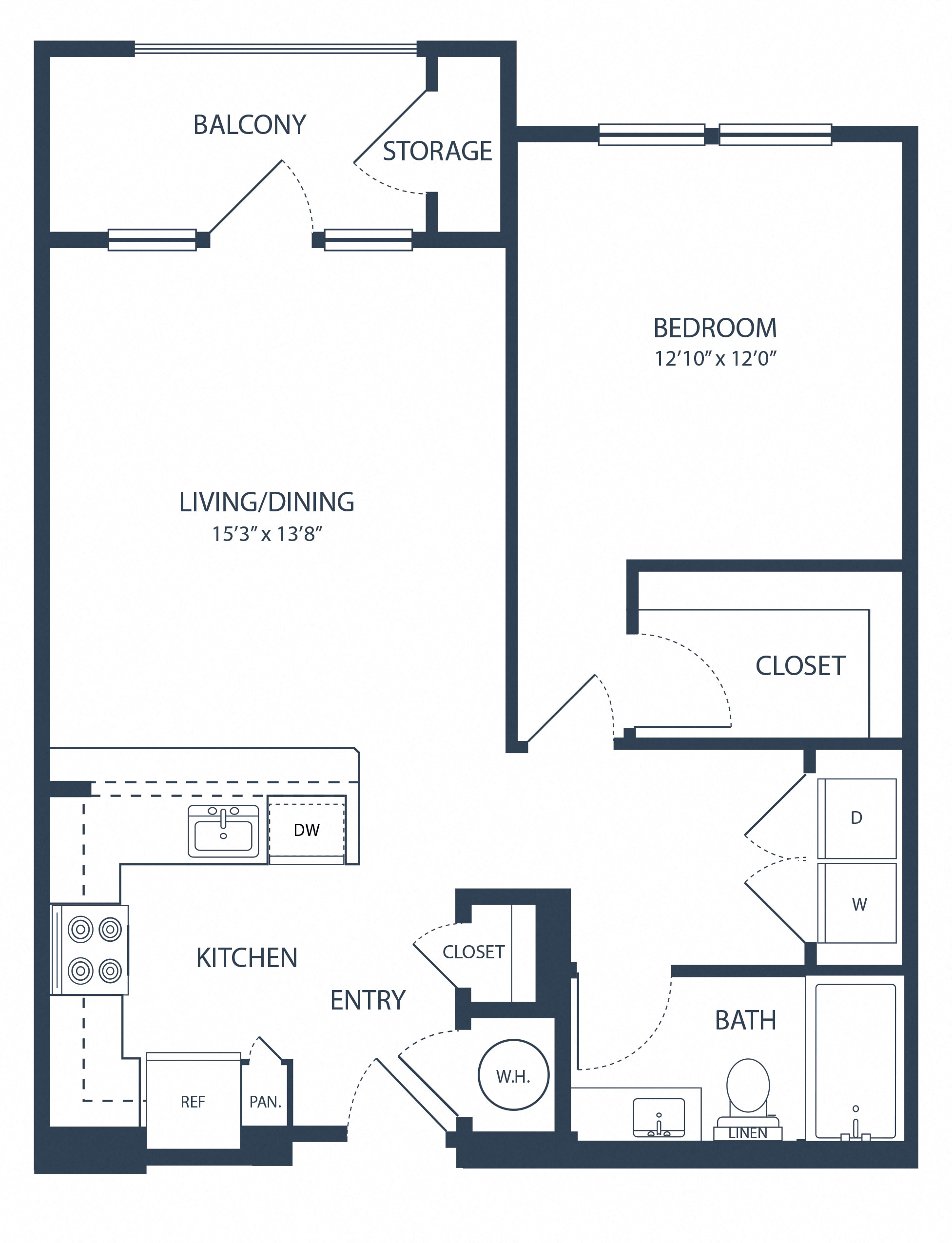 Floor plan for 1 bed, 1 bath, 805 sqft