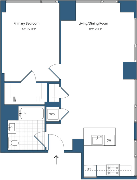 Floor plan for 1 bed, 1 bath, 770 sqft