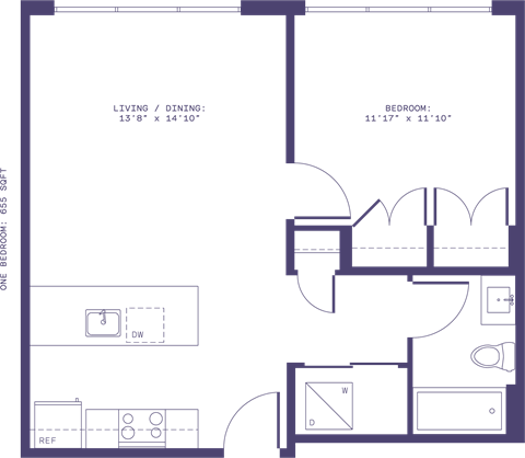 Floor plan for 1 bed, 1 bath, 655 sqft