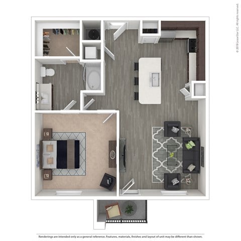 Floor plan for 1 bed, 1 bath, 811 sqft
