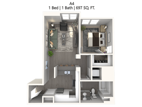Floor plan for 1 bed, 1 bath, 689 sqft