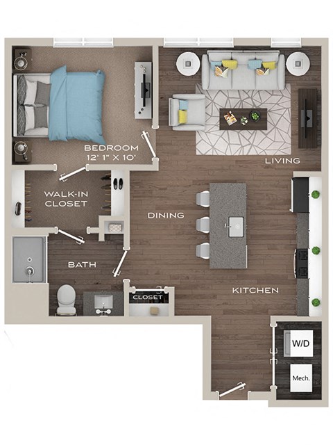Floor plan for 1 bed, 1 bath, 645 sqft