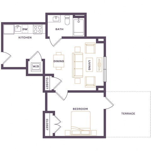 Floor plan for 1 bed, 1 bath, 562 sqft