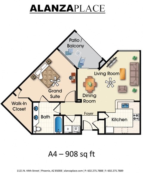 Floor plan for 1 bed, 1 bath, 908 sqft