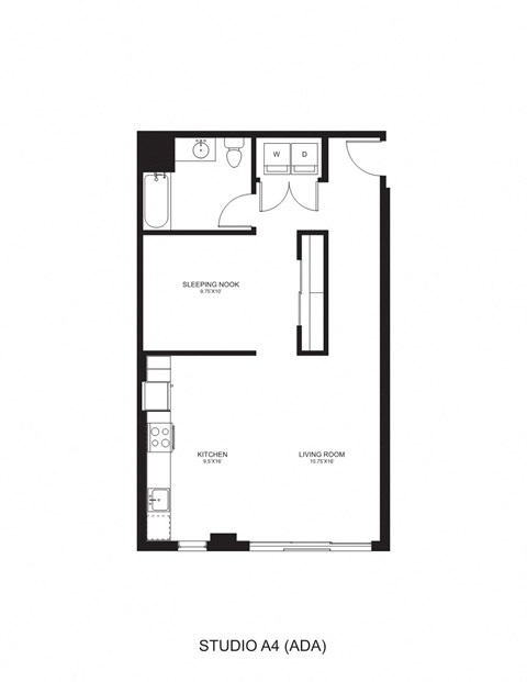 Floor plan for 1 bed, 1 bath, 805 sqft