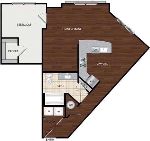 Floor plan for 1 bed, 1 bath, 840 sqft
