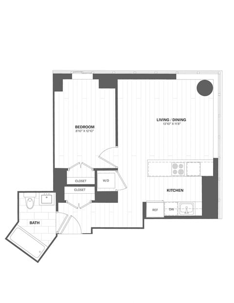 Floor plan for 1 bed, 1 bath, 598 sqft