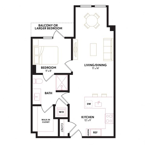 Floor plan for 1 bed, 1 bath, 711 sqft