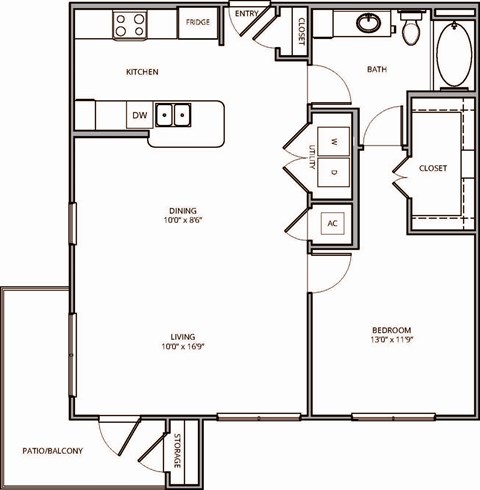 Floor plan for 1 bed, 1 bath, 882 sqft