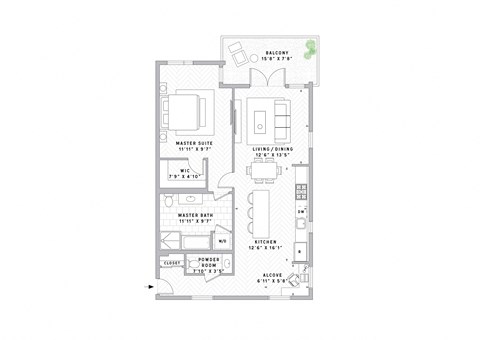 Floor plan for 1 bed, 1.5 baths, 918 sqft