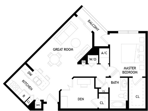 Floor plan for 1 bed, 1 bath, 899 sqft