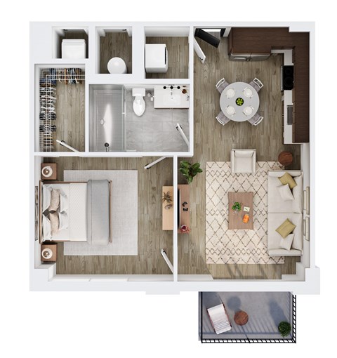 Floor plan for 1 bed, 1 bath, 719 sqft