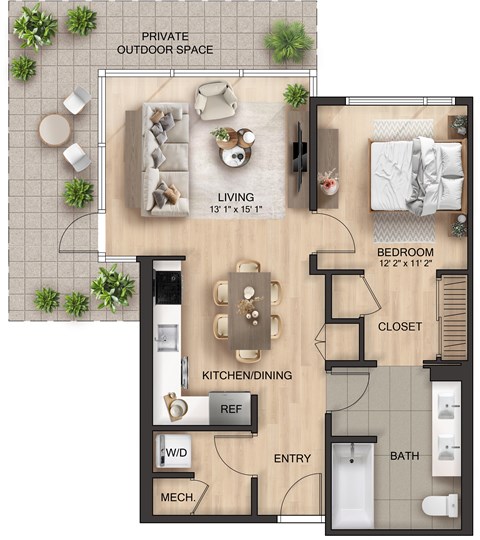 Floor plan for 1 bed, 1 bath, 760 sqft